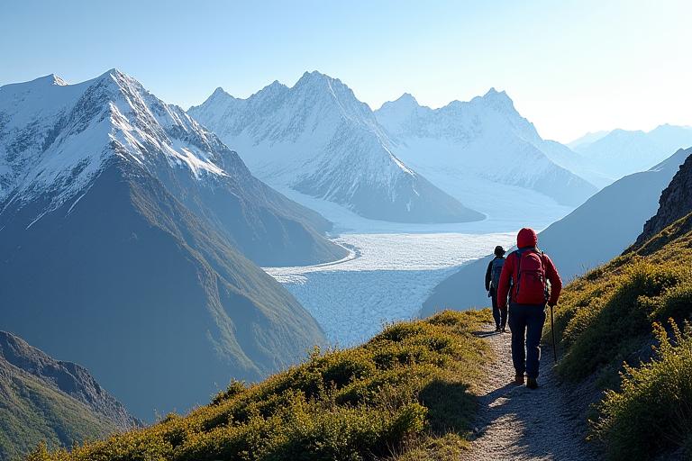 Fotturister i Lyngenalpene med en isbre i bakgrunnen.