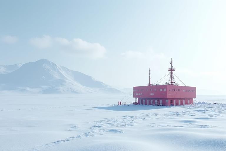 En forskningsstasjon på Svalbard med snødekt landskap rundt.